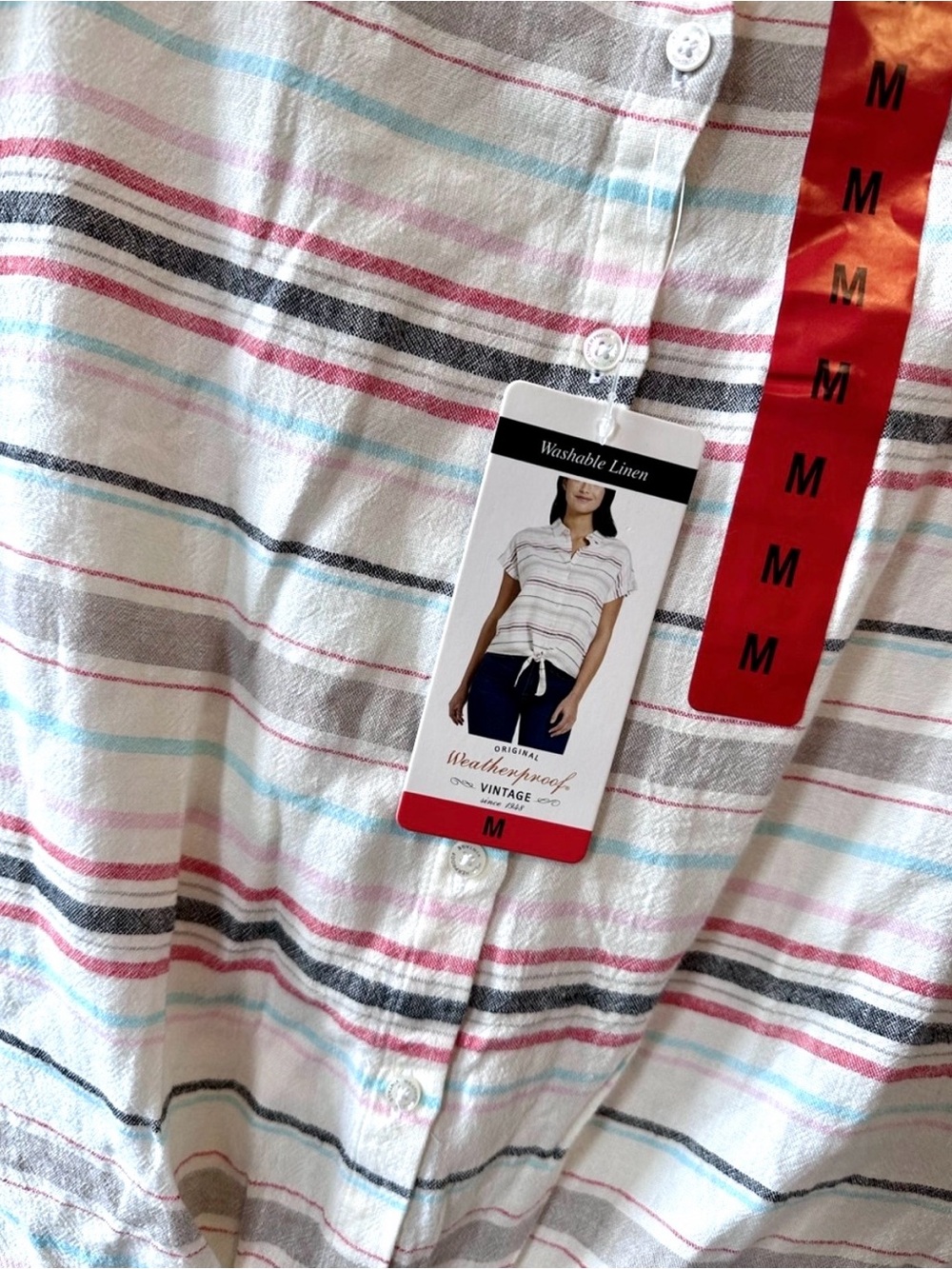 Weatherproof Women's White Striped Button-Front Tie Hem Shirt - Pink, Blue, Gray - Picture 3 of 6